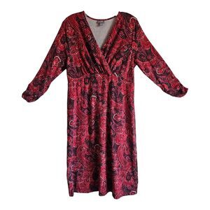 J. JILL Women M Dress V-Neck Empire Waist Paisley 3/4 Ruched Sleeve Pima Cotton